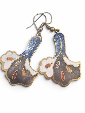 Vintage Cloisonné Enamel Floral Drop Earrings in Blue, White & Gold-Tone 284